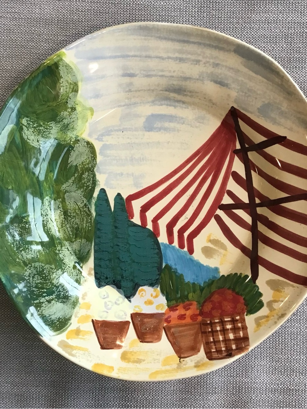 Bellini Hand-Painted Market Scene Plate in Green, Teal, Red, Brown 13”